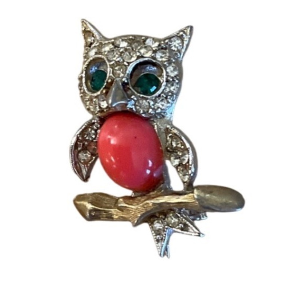 Vintage Pell Owl Brooch Coral Cabochon Green Eyes Whimsical Forestcore Retro
